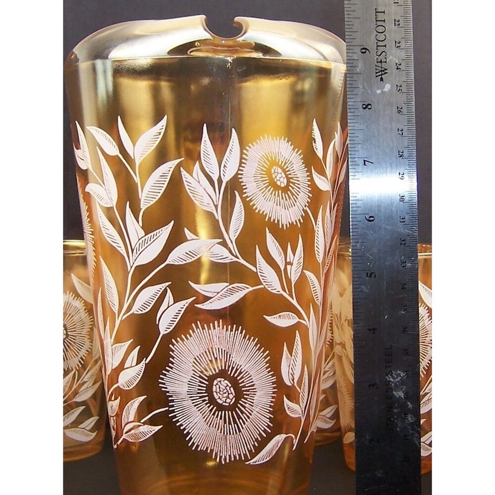 Vintage Jeannette Marigold Carnival Glass Cosmos Pitcher 6 Tumbler Set 1950s - Picture 2 of 15